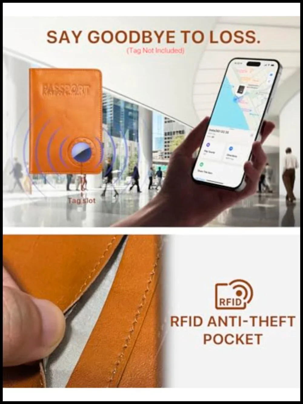 Genuine Leather Passport Holder with AirTag Slot RFID Travel Wallet